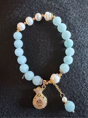 Elegant Aquamarine Beaded Bracelet with Gold Luck Charm